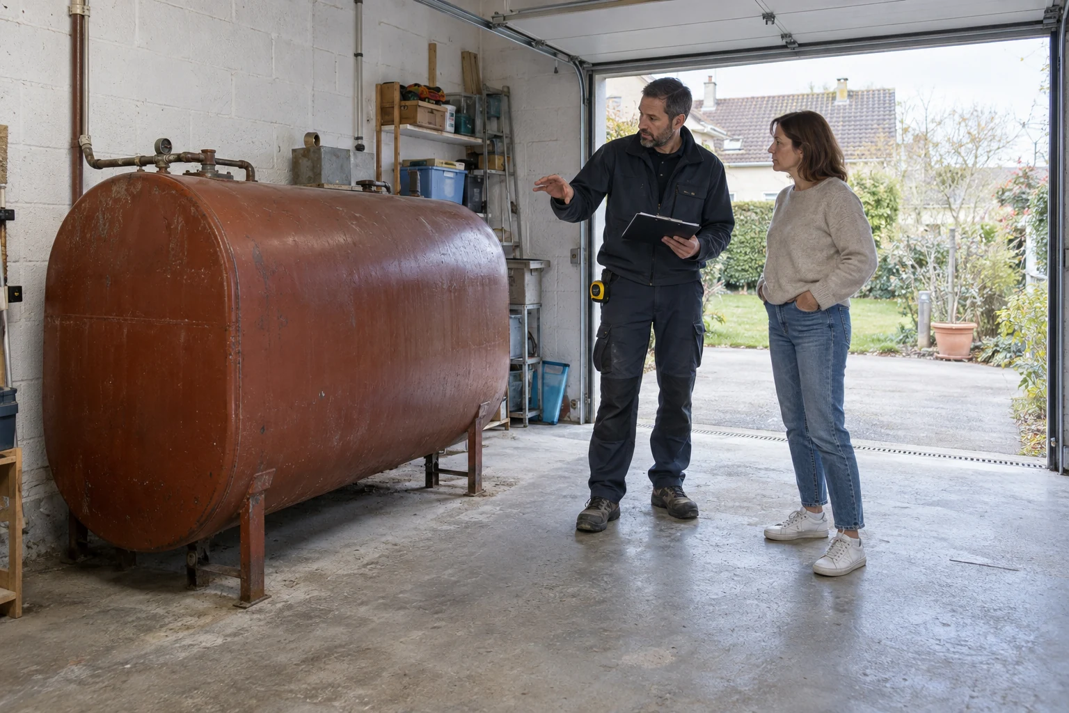Visite technique auprès d’une cuve à fioul pour préparer un projet de rénovation