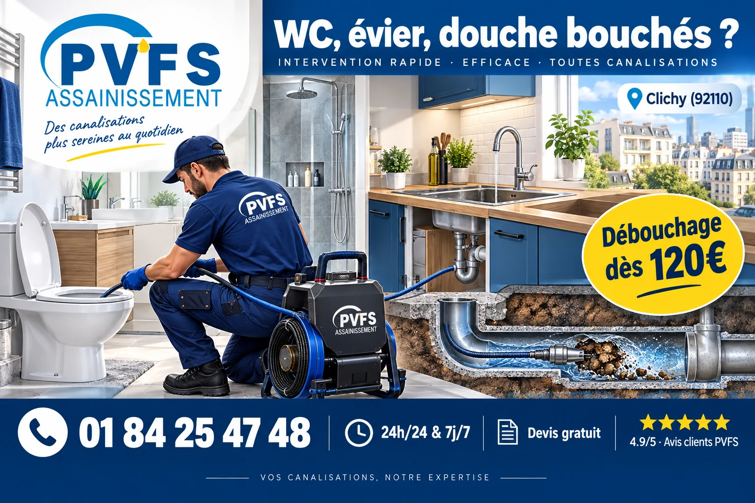 Illustration PVFS : débouchage à Clichy (92110), dès 120 €, disponible 24h/24