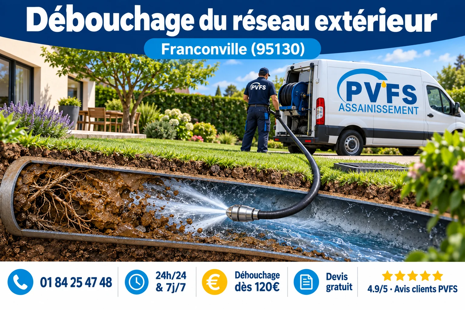 Illustration de nettoyage d’une canalisation extérieure avec un flexible haute pression à Franconville
