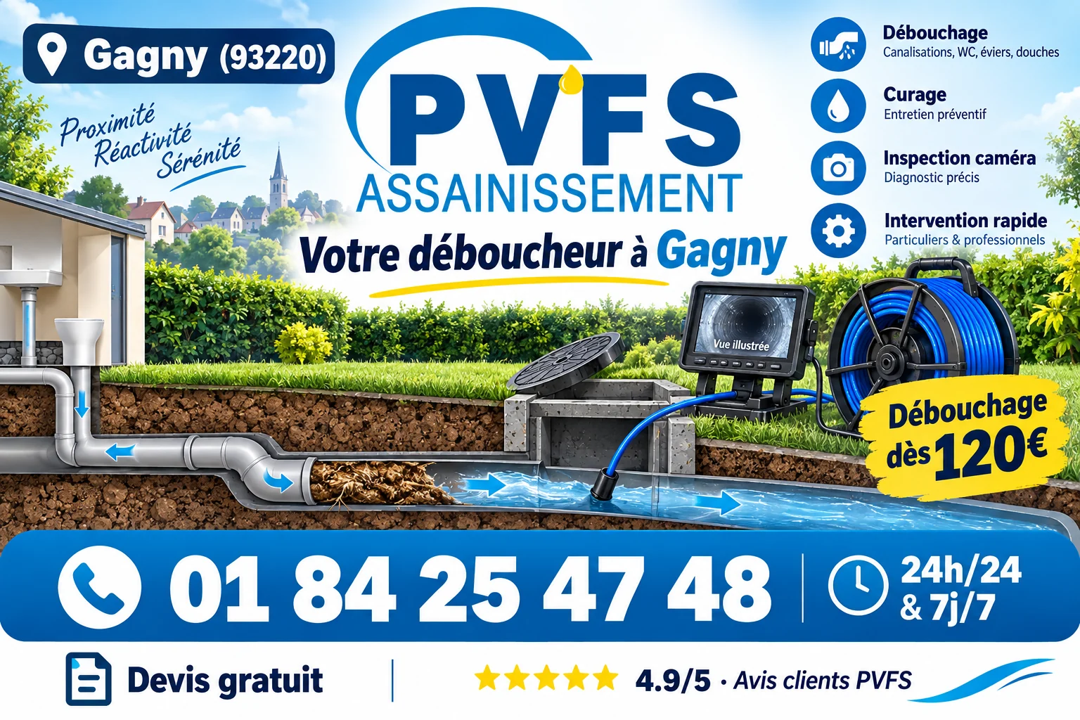 Illustration PVFS : débouchage à Gagny (93220), dès 120 €, disponible 24h/24