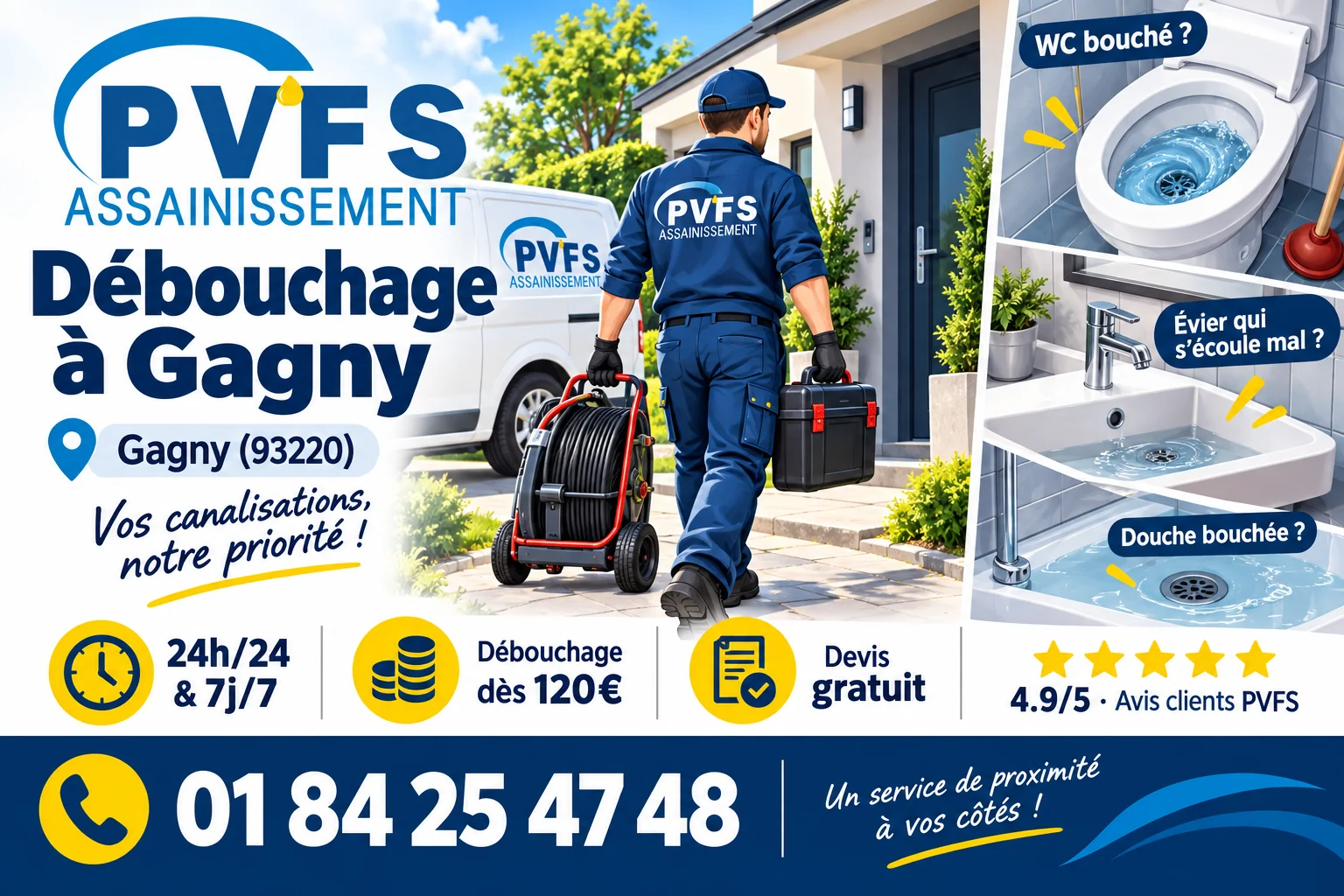 Illustration PVFS : débouchage à Gagny (93220), dès 120 €, disponible 24h/24