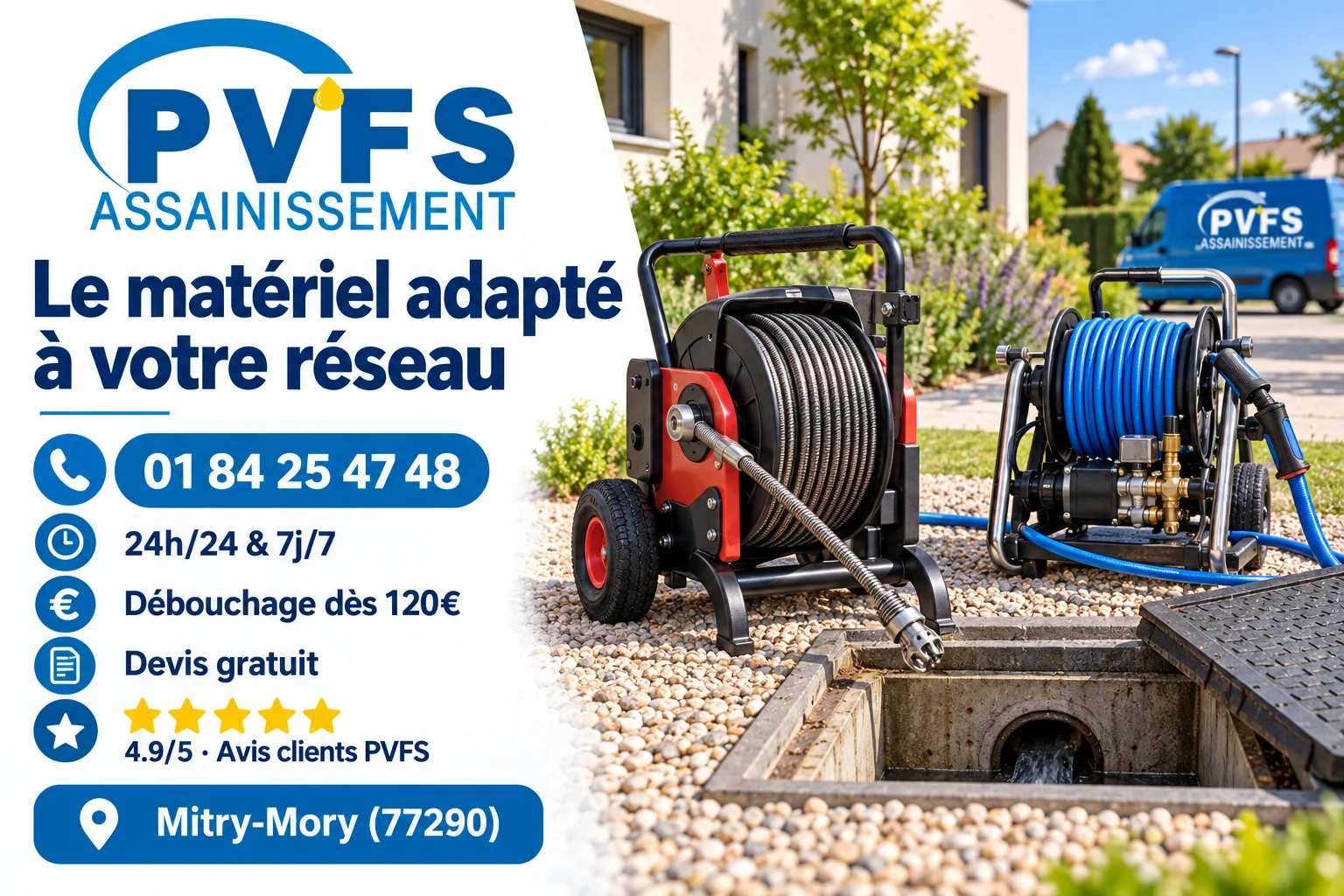 Illustration du matériel de débouchage PVFS pour un réseau d’évacuation accessible à Mitry-Mory