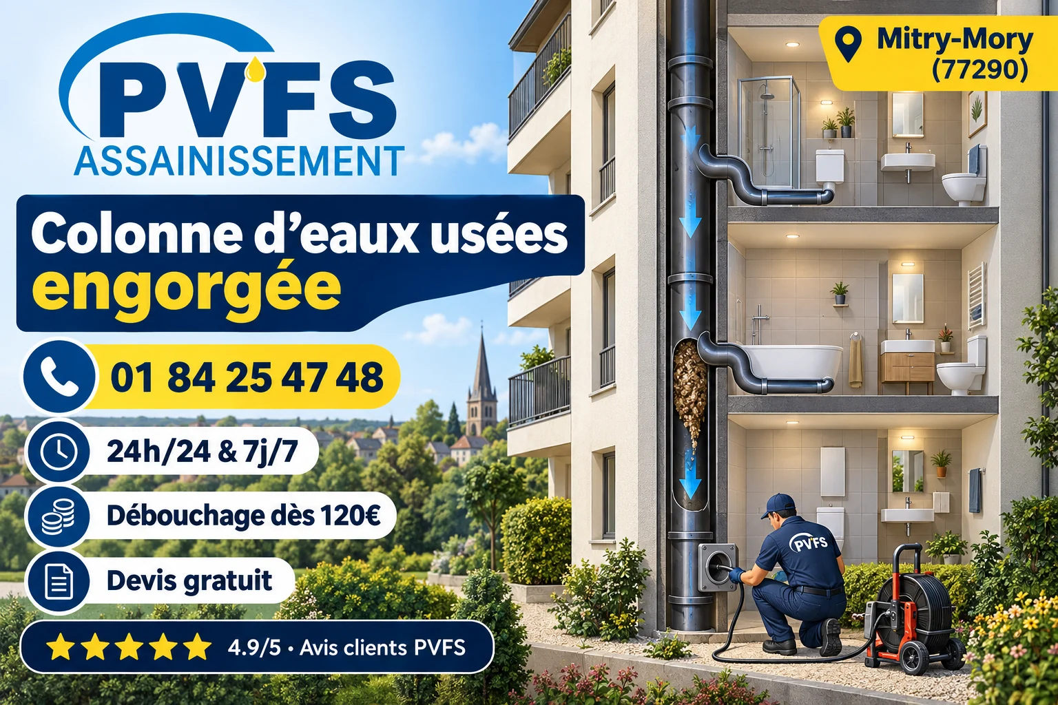 Illustration PVFS : colonne d’eaux usées et point d’accès dans un immeuble à Mitry-Mory