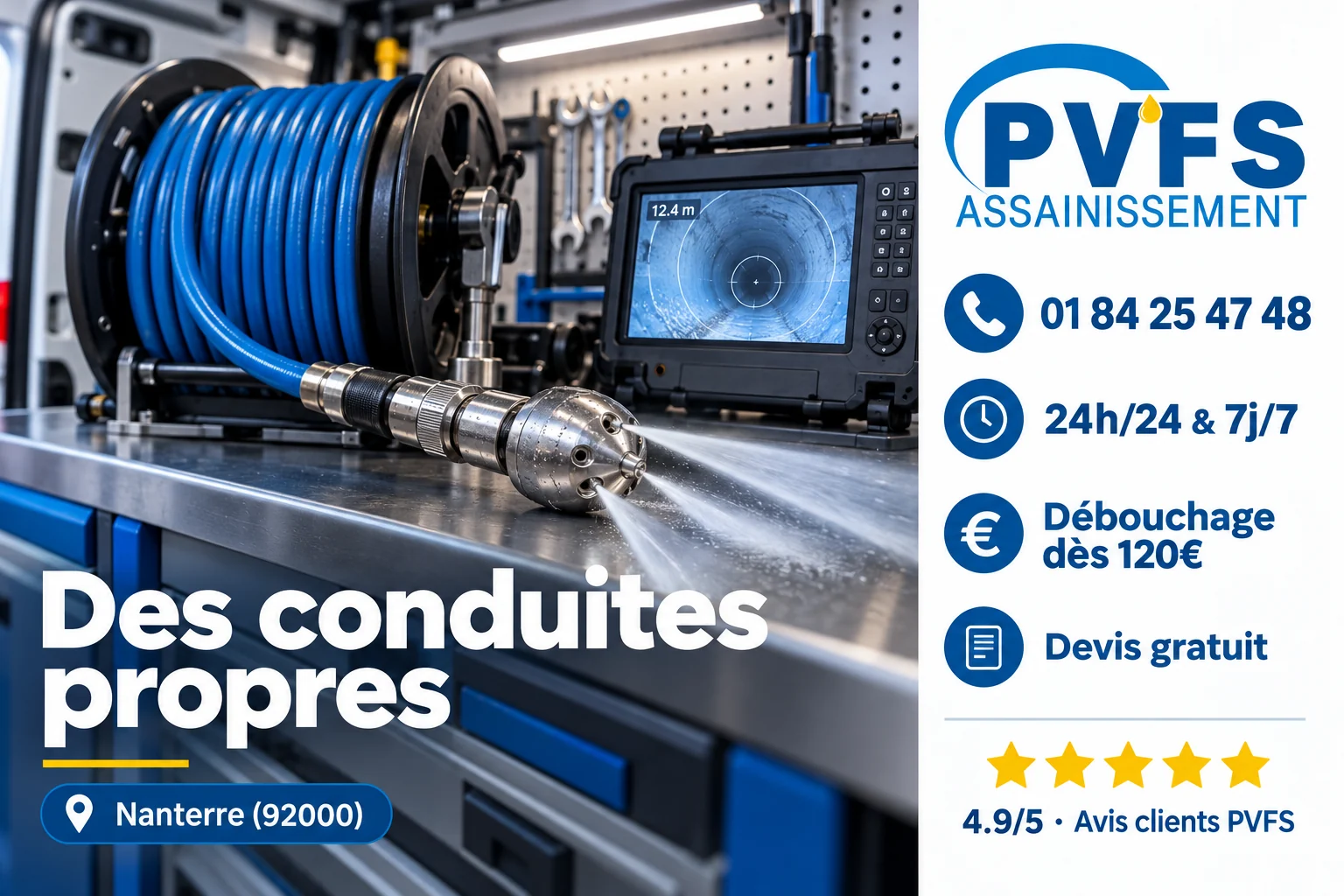 Illustration du matériel PVFS de curage et de contrôle des canalisations à Nanterre