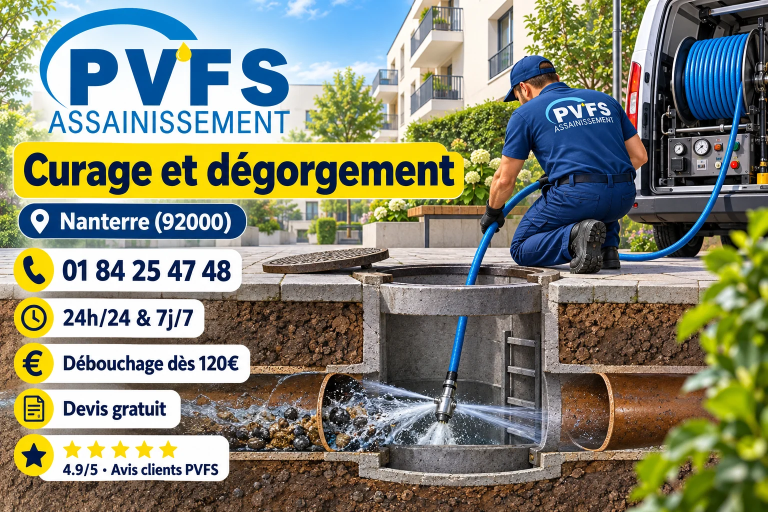Illustration PVFS : dégorgement et nettoyage haute pression d’une canalisation accessible à Nanterre