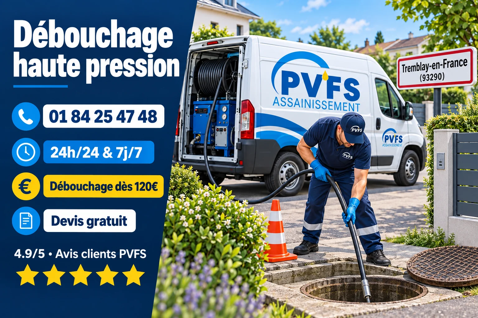 Illustration d’un déboucheur PVFS préparant une intervention haute pression à Tremblay-en-France