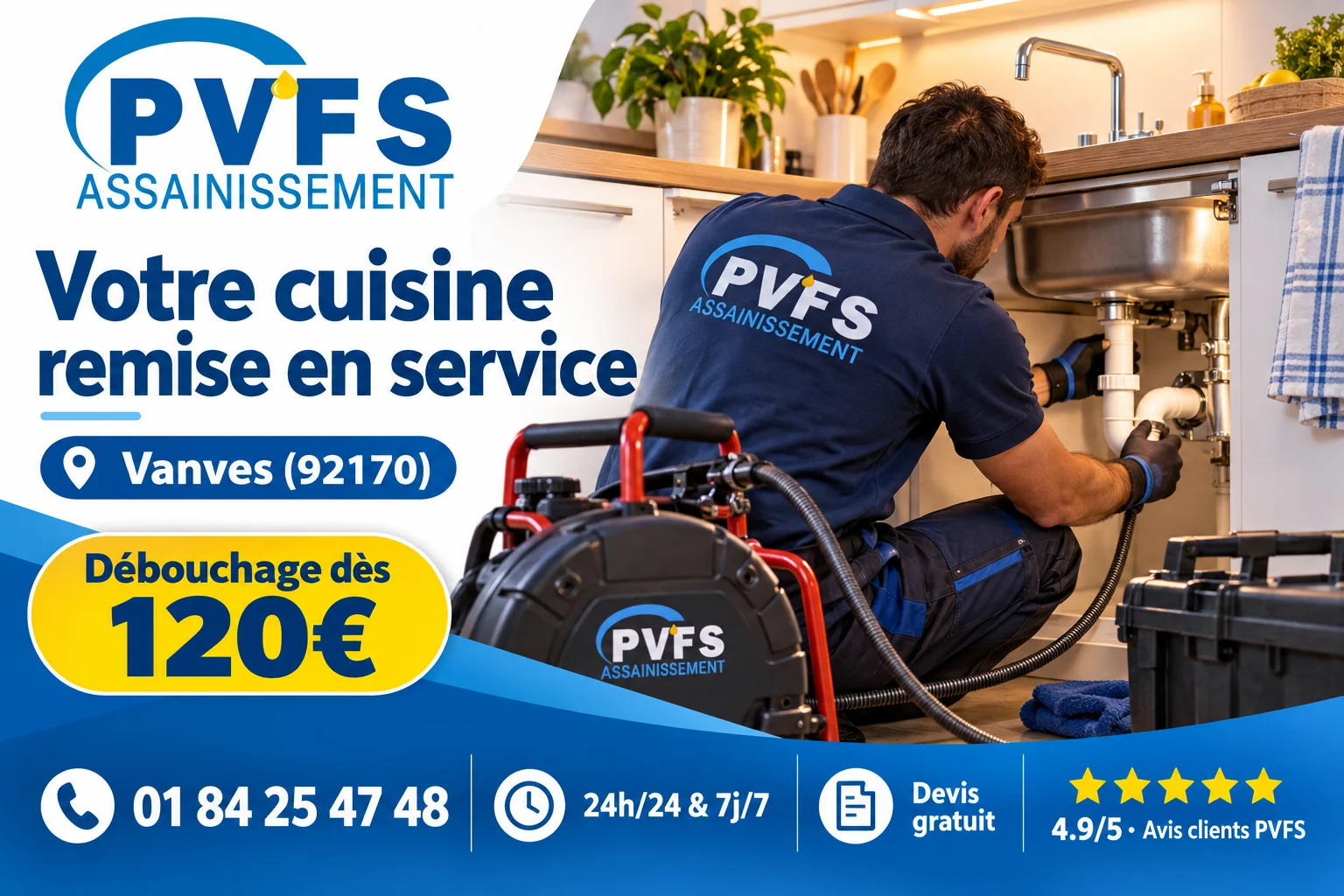 Illustration d’un artisan déboucheur PVFS travaillant sur une évacuation de cuisine à Vanves