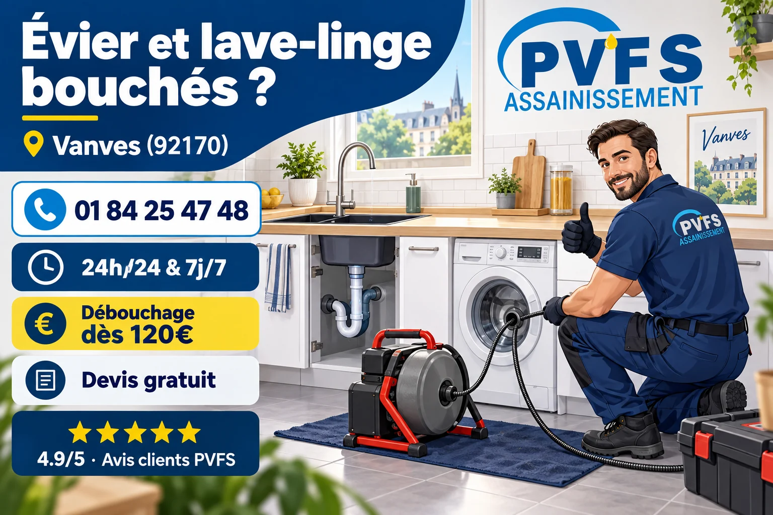 Illustration PVFS : évier et évacuation de lave-linge bouchés dans une cuisine à Vanves