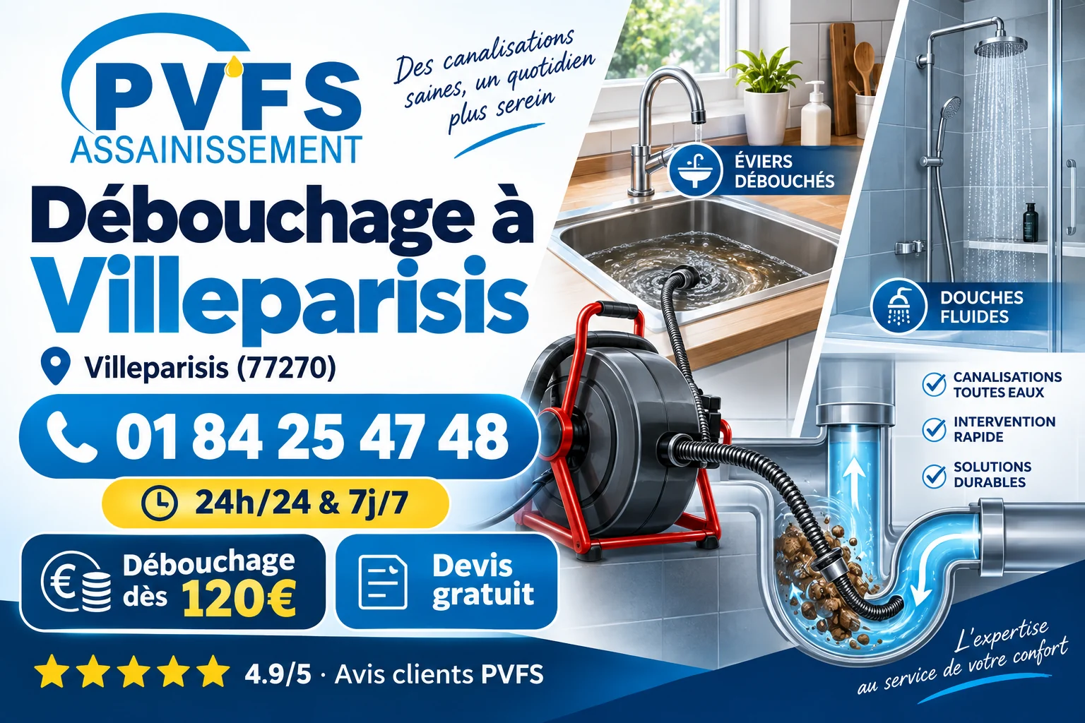 Illustration PVFS : débouchage à Villeparisis (77270), dès 120 €, disponible 24h/24
